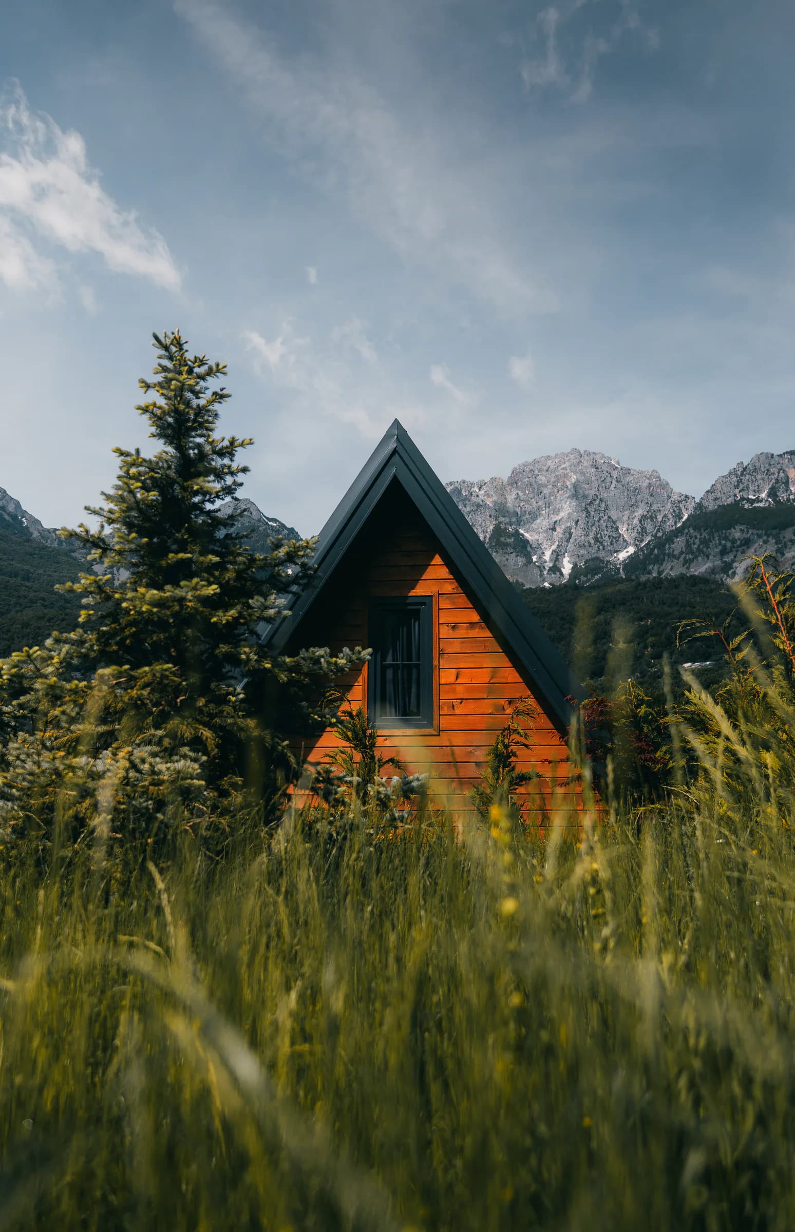 A timber cabin framed by grasses, trees and mountains