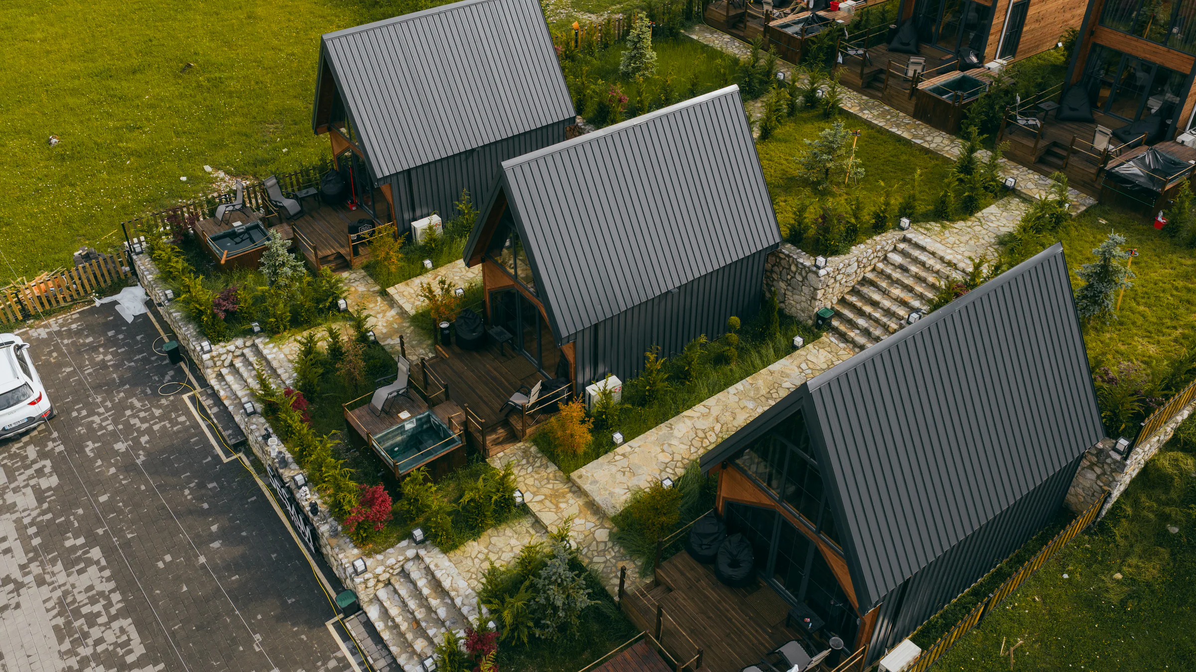 Aerial view of the cabins and gardens at SeSam Villas