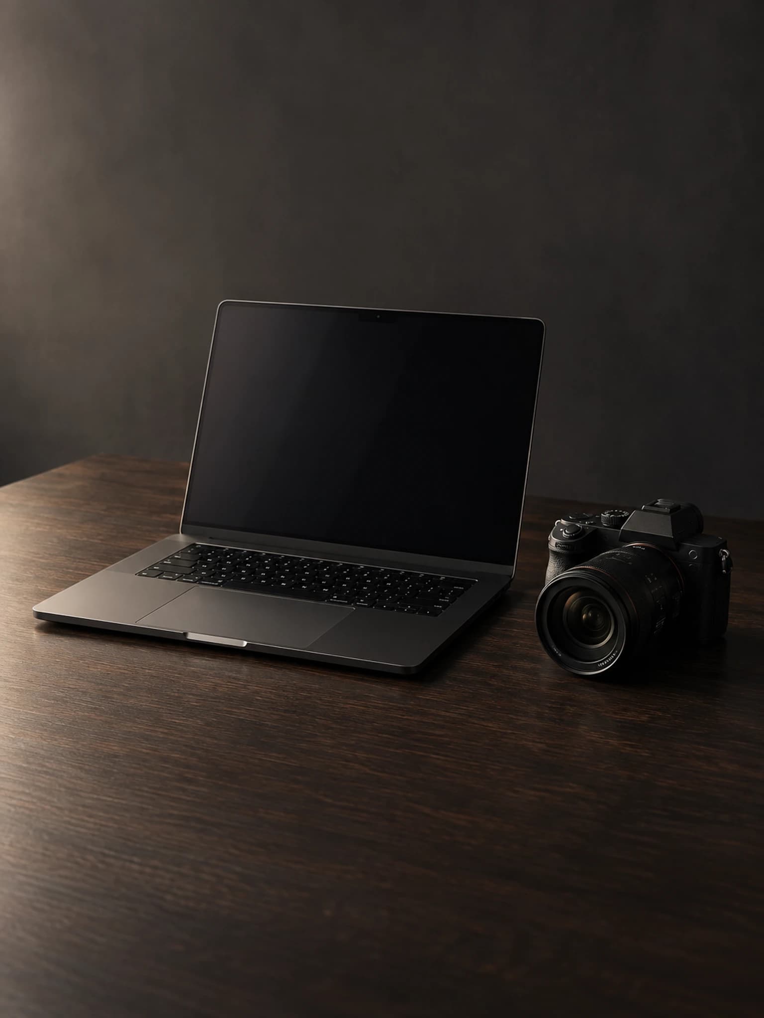 A space-black MacBook and camera on a minimal wooden desk